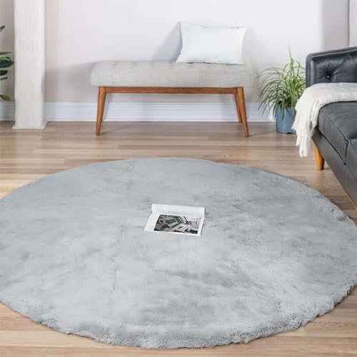 Latepis 6ft Circle Grey Area Rug Large Fluffy Round Rug Washable Faux Rabbit Fur Boho Rugs for Living Room Bedroom Floor Nursery Rugs Cute Room Decor - Image 1
