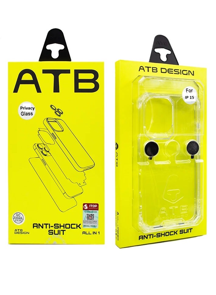 ATB 6-in-1 Privacy Protection Kit for iPhone 15 Quick and easy setup with front-only visible privacy glass Offers advanced on-screen privacy plus all-around protection. Includes: anti-spy tempered glass screen protector,transparent case, camera lens protectors, rear protector, magnetic ring, and dust-mesh speaker stickers. - Image 1