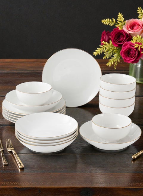 18 piece Porcelain Dinnerware Set, Set for 6, Microwave & Dishwasher Safe, White with Golden Rim