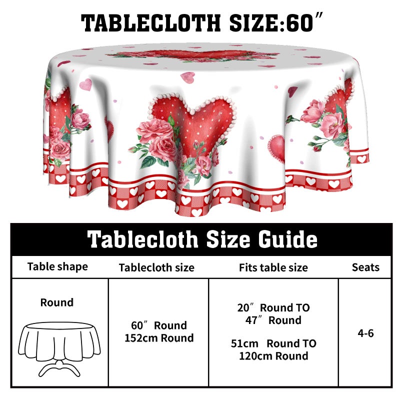 Giwawa Valentines Day Round Tablecloth 60 Inch, Red Pink Hearts Rose Flower Circular Table Cloth with Check Plaid, Love Watercolor Romantic Table Cover for Kitchen Dining Anniversary Decor - Image 2