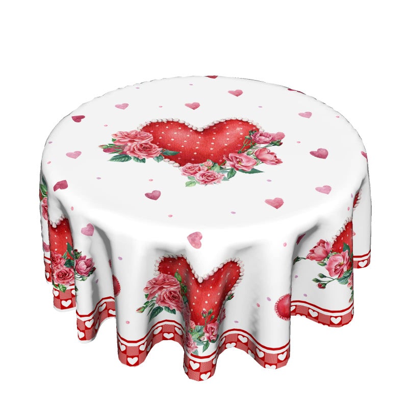 Giwawa Valentines Day Round Tablecloth 60 Inch, Red Pink Hearts Rose Flower Circular Table Cloth with Check Plaid, Love Watercolor Romantic Table Cover for Kitchen Dining Anniversary Decor - Image 1