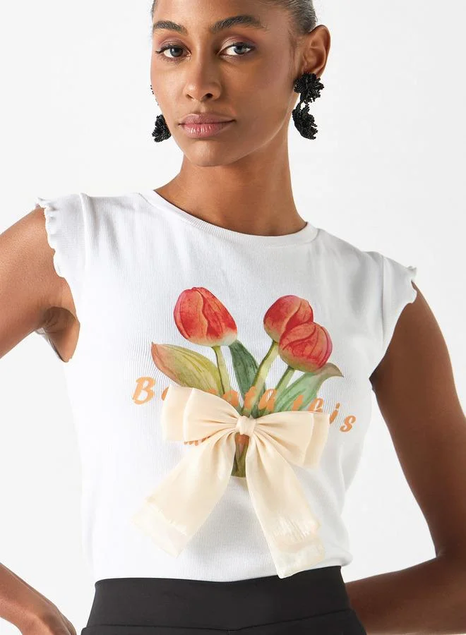 2Xtremz 2Xtremz Floral Print Sleeveless T-shirt with Crew Neck