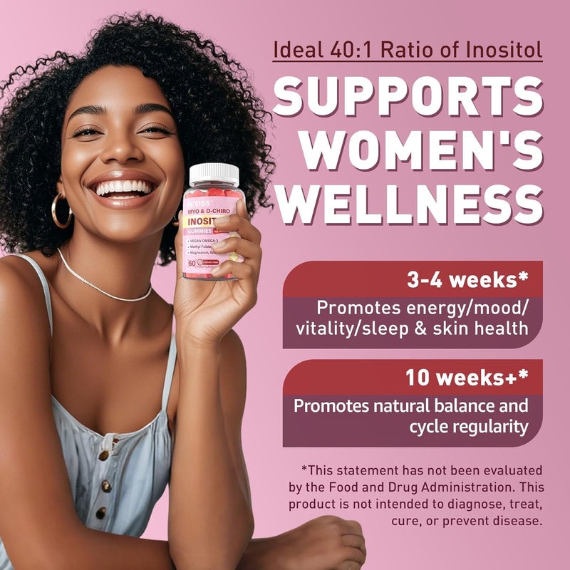 NEVISS MyoInositol  DChiro Inositol Gummies for Women 2000mg  50mg 401 Ratio Inositol with Vegan Omega3  D3 Magnesium Glycinate Methyl Folate  B12 for Female Health  Wellness Sugar Free 120 Cts - Image 4