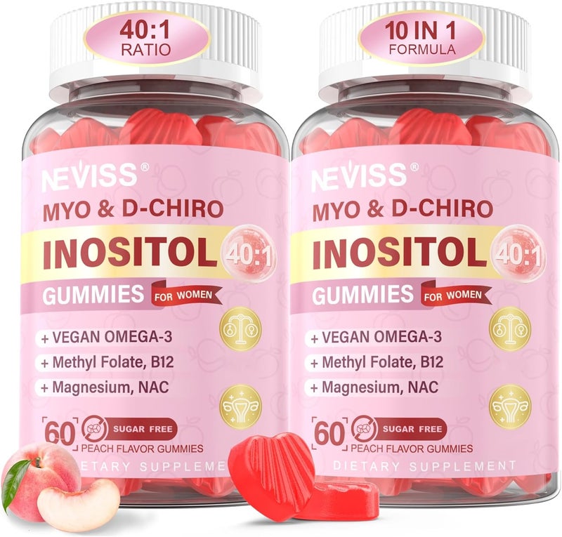 NEVISS MyoInositol  DChiro Inositol Gummies for Women 2000mg  50mg 401 Ratio Inositol with Vegan Omega3  D3 Magnesium Glycinate Methyl Folate  B12 for Female Health  Wellness Sugar Free 120 Cts - Image 1
