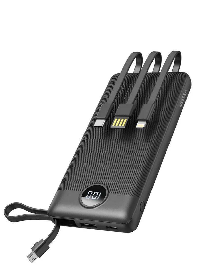 فيجير باور بانك VEGER VP-2059 بسعة 20000mAh مع كابلات مدمجة – شحن سريع – Type-C وMicro USB وLightning – أسود - Image 1