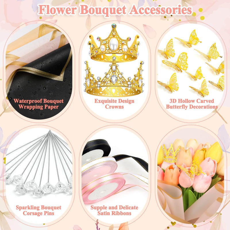cridoz 195Pcs Flower Bouquet Accessories Supplies, 40 Flower Wrapping Paper, 4 Gold Crowns, 48 Butterfly Decorations, 100 Flower Pins and 3 Ribbons for Mother's Day Wedding Baby Shower Graduation - Image 3
