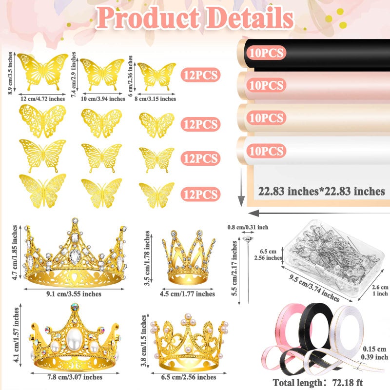 cridoz 195Pcs Flower Bouquet Accessories Supplies, 40 Flower Wrapping Paper, 4 Gold Crowns, 48 Butterfly Decorations, 100 Flower Pins and 3 Ribbons for Mother's Day Wedding Baby Shower Graduation - Image 2