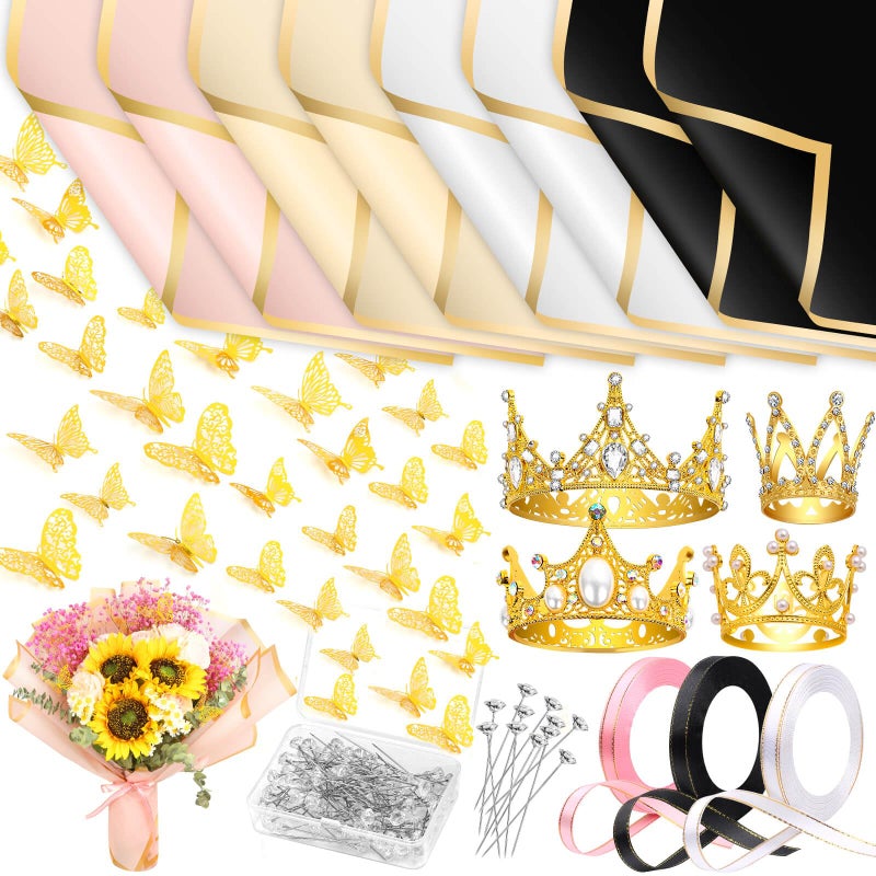 cridoz 195Pcs Flower Bouquet Accessories Supplies, 40 Flower Wrapping Paper, 4 Gold Crowns, 48 Butterfly Decorations, 100 Flower Pins and 3 Ribbons for Mother's Day Wedding Baby Shower Graduation - Image 1