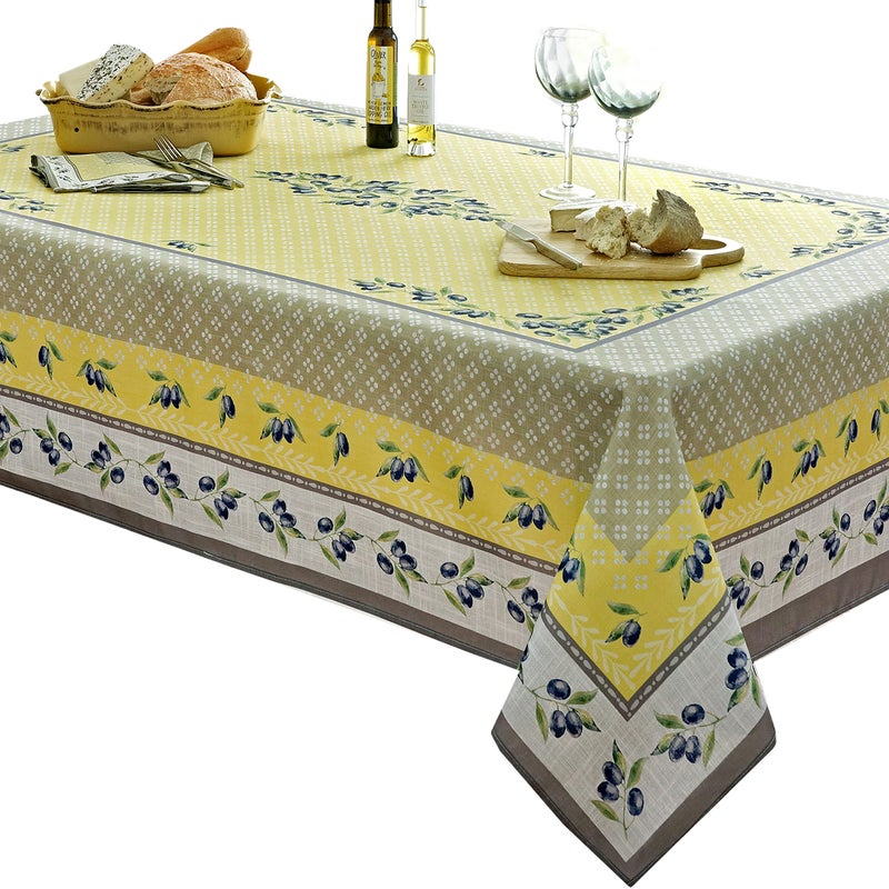 Home Bargains Plus Rectangle Fabric Tablecloth 60 x 84 Inch Olivier Yellow and Grey Olive Print Stain and Water Resistant Fabric Table Cloth Provence French Country