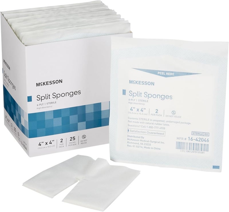 McKesson Split Sponges High Absorbency 6Ply Sterile IV and Tracheostomy Dressings PolyesterRayon Blend 4 in x 4 in 2 Per Pack 300 Packs 600 Total - Image 1