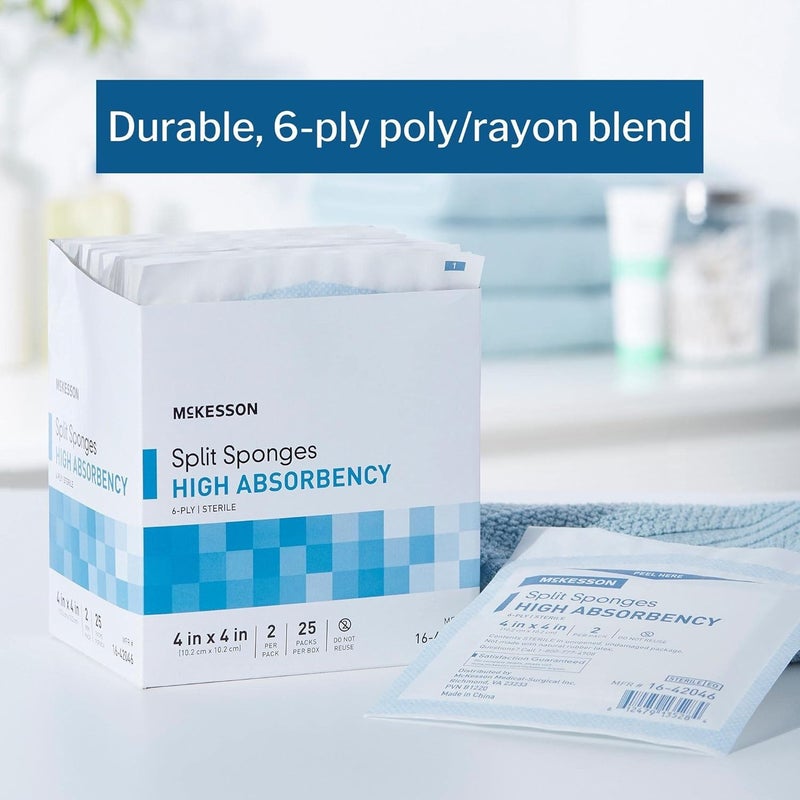 McKesson Split Sponges High Absorbency 6Ply Sterile IV and Tracheostomy Dressings PolyesterRayon Blend 4 in x 4 in 2 Per Pack 300 Packs 600 Total - Image 2
