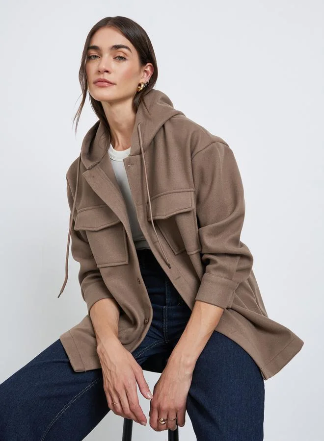 Styli Brown Longline Hooded Shacket