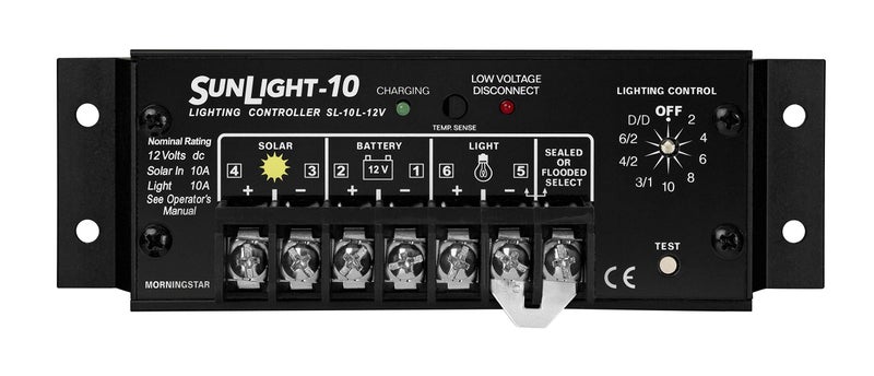 Morningstar Corporation منظم شحن الطاقة الشمسية Morningstar Sunlight 10A (SL-10L-12V) - منظم لوحات شمسية لبطاريات 12 فولت، تحكم في الإضاءة، إعداد سهل، أطراف مقاومة للتآكل، ضمان 5 سنوات - مصمم في الولايات المتحدة الأمريكية - Image 1