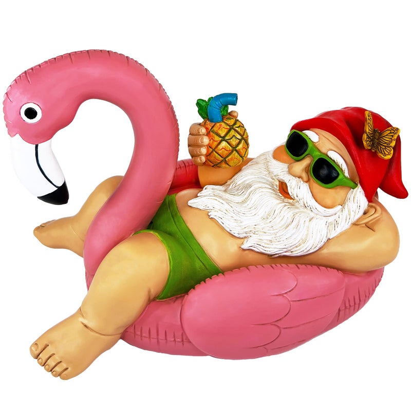 Mood Lab Garden Gnome on Flamingo  Funny Gnome Figurine  8 Inch Depth Lawn Statue  for Outdoor or House Decor