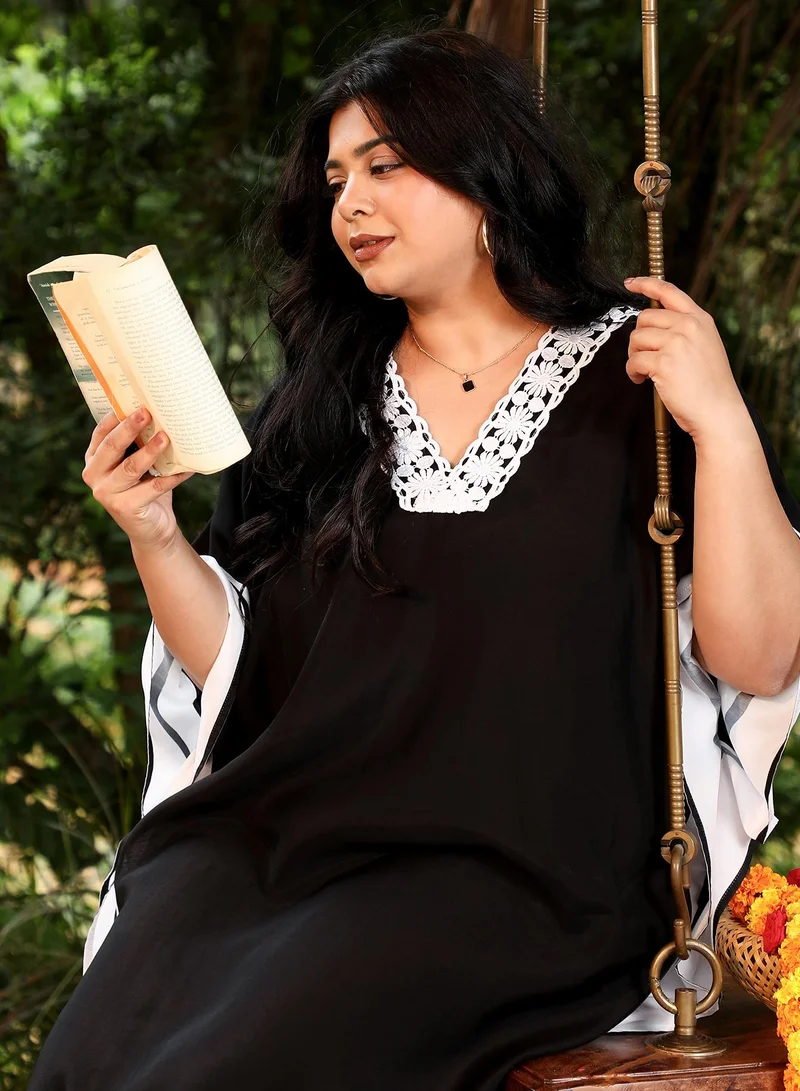 Instafab Plus Instafab Plus Women's Midnight Black Panel-Striped Kaftan Kurta Set For Ethnic Wear | V-Neck, Quarter Kimono Sleeves | Stripes Plain Fabric | 2 Piece Kurta Set For Casual & Evening Wear
