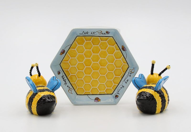 Appletree 2Inch Ceramic Bee Salt and Pepper with Honeycombed Tray Yellow - Image 5
