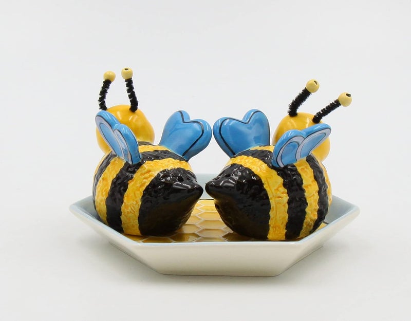 Appletree 2Inch Ceramic Bee Salt and Pepper with Honeycombed Tray Yellow - Image 4