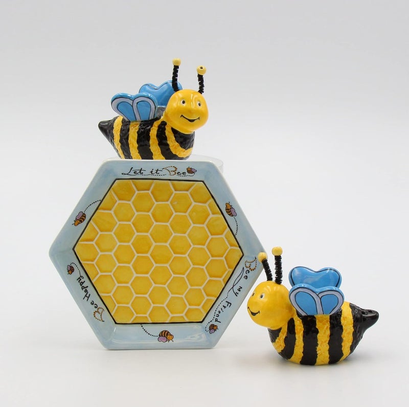Appletree 2Inch Ceramic Bee Salt and Pepper with Honeycombed Tray Yellow - Image 2