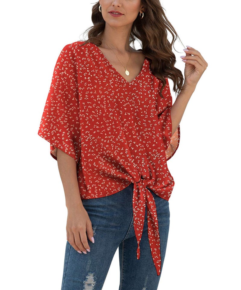 VIISHOW Womens Tie Front Loose Short Sleeve V Neck Floral Blouses Chiffon Tops Summer Shirts(Floral red,XX-Large) - Image 4