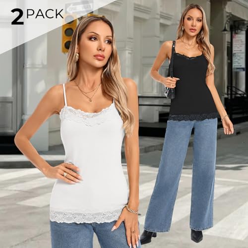 Kate Kasin Womens Lace Tank Top, Adjustable Strap Spaghetti Black Cami,2 Pack Camisole Y2K(Black+White, S) - Image 2