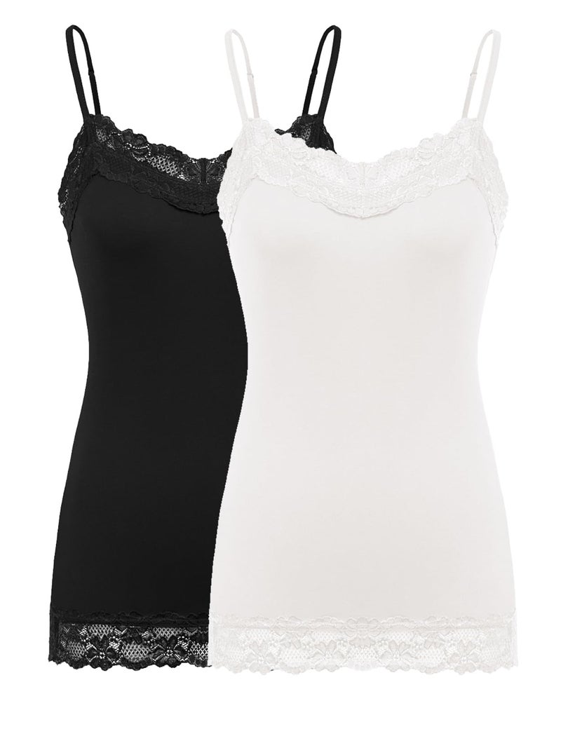 Kate Kasin Womens Lace Tank Top, Adjustable Strap Spaghetti Black Cami,2 Pack Camisole Y2K(Black+White, S) - Image 1