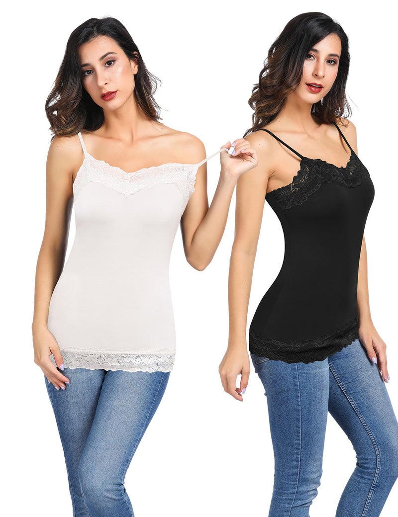 Kate Kasin Womens Lace Tank Top, Adjustable Strap Spaghetti Black Cami,2 Pack Camisole Y2K(Black+White, S) - Image 3