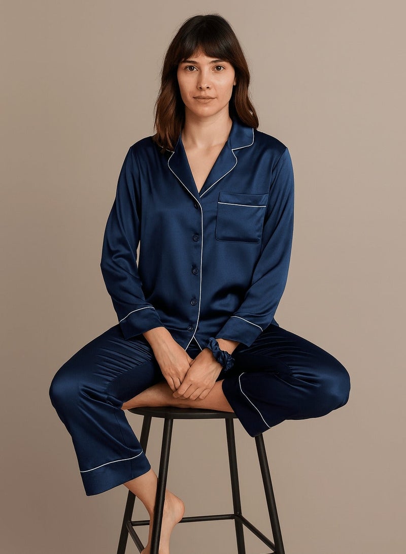 Silk N Love Pack of 3 - Shirt Top + Pant Trouser + Scrunchie Headband - Navy Blue Plain Silk Satin Pajama Set for Ladies Women Clothes Girls Night Wearing Nighty Nightwear Sleepwear Lingerie Dress Pyjama Set - Image 1