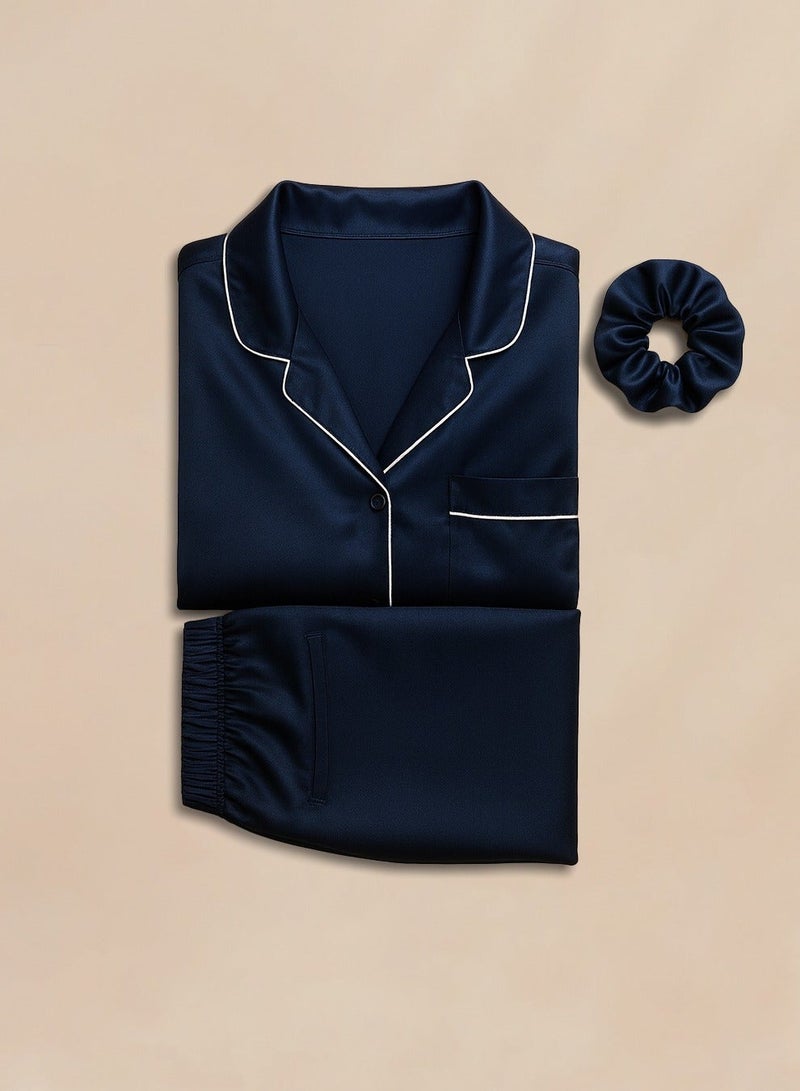 Silk N Love Pack of 3 - Shirt Top + Pant Trouser + Scrunchie Headband - Navy Blue Plain Silk Satin Pajama Set for Ladies Women Clothes Girls Night Wearing Nighty Nightwear Sleepwear Lingerie Dress Pyjama Set - Image 3