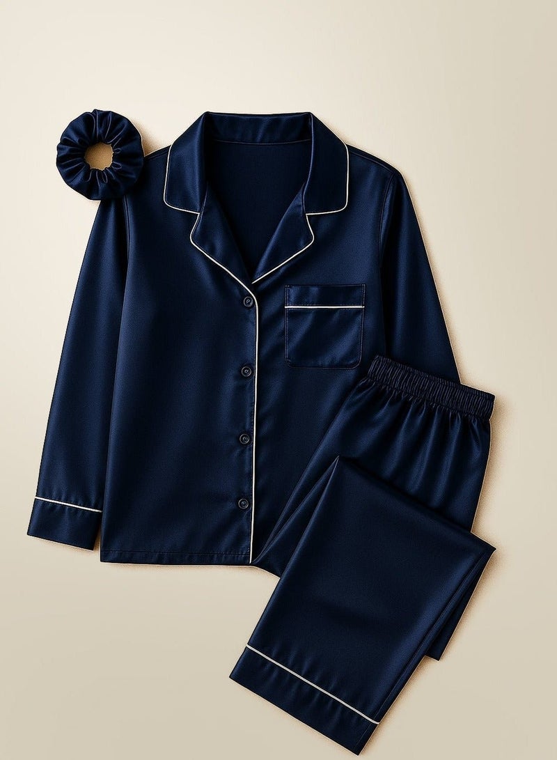 Silk N Love Pack of 3 - Shirt Top + Pant Trouser + Scrunchie Headband - Navy Blue Plain Silk Satin Pajama Set for Ladies Women Clothes Girls Night Wearing Nighty Nightwear Sleepwear Lingerie Dress Pyjama Set - Image 2
