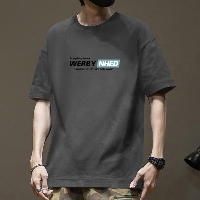 T-Shirt Men'S Summer Japanese Loose Cotton Letter Printed T-Shirt Heavyweight 200G New Casual Short Sleeve Trend Ins - Image 1