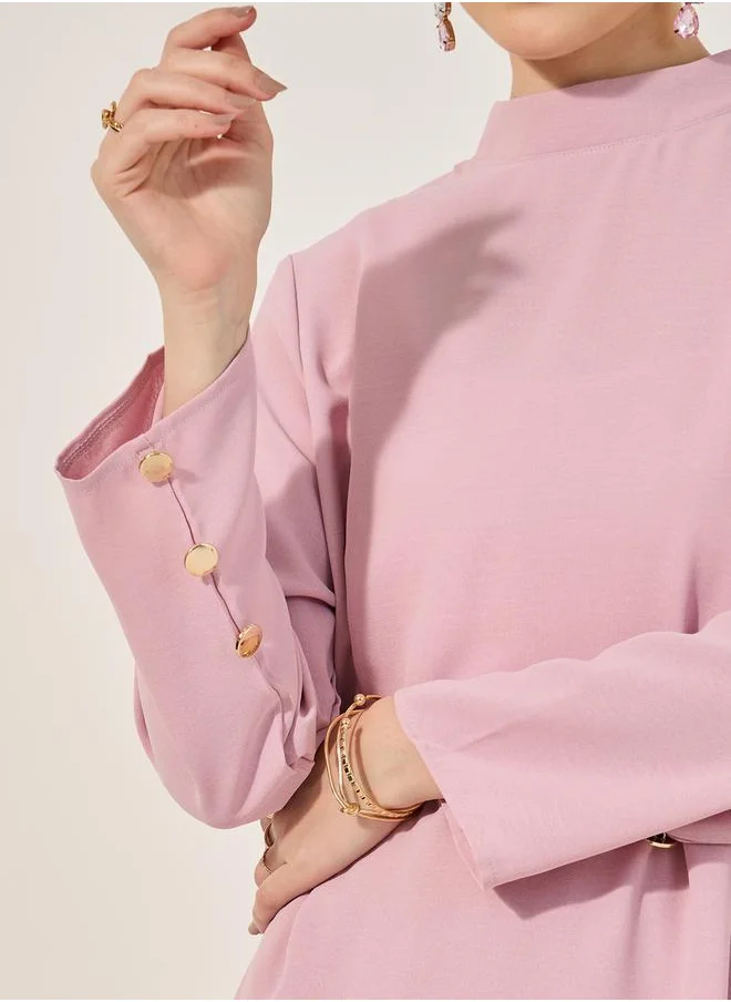 Styli high neck long top w/ metallic button trim at sleeve cuff and wide leg pants modest set