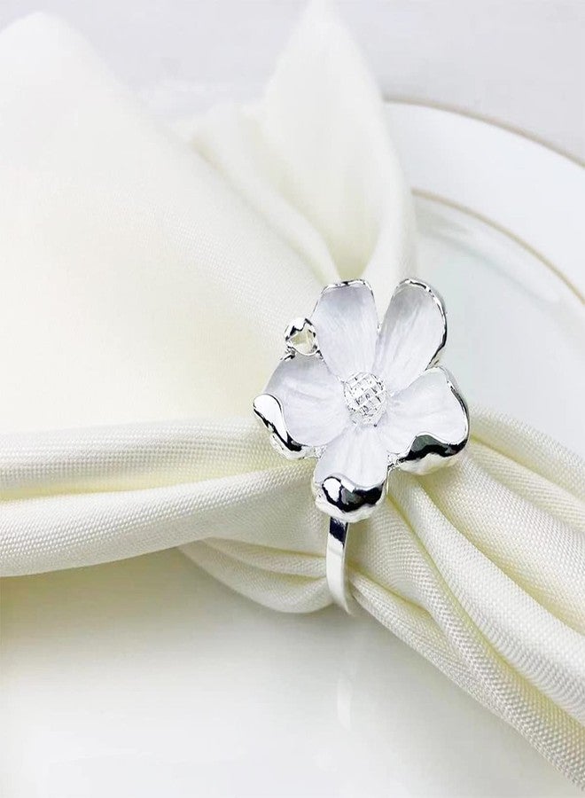 Fennco Styles Enameled Anemone Metal Napkin Rings, Set of 4 - Silver & White Flower Napkin Holders for Home, Dining Table, Christmas Décor, Holiday, Family Gathering and Special Occasion - Image 2