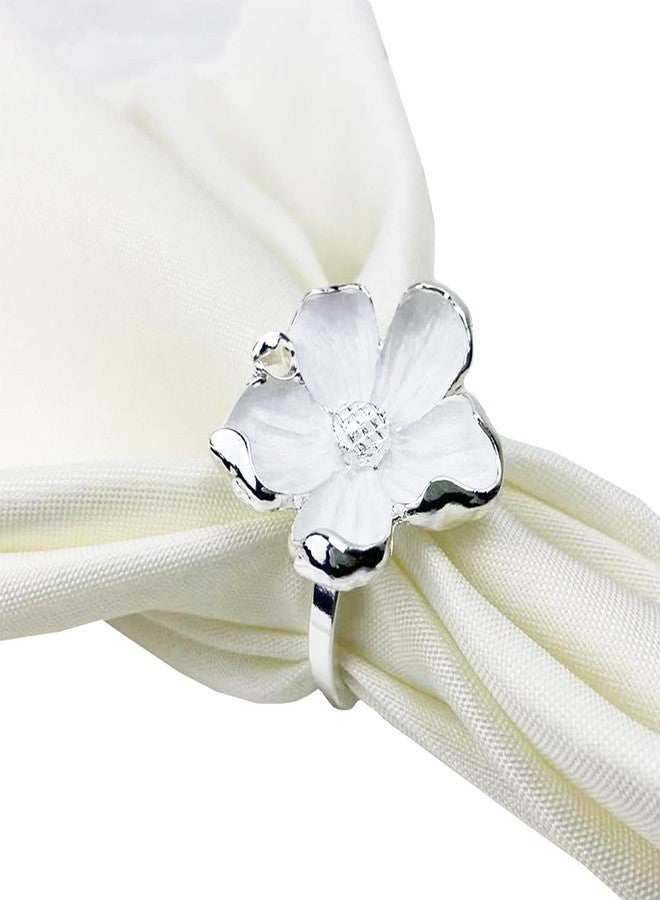Fennco Styles Enameled Anemone Metal Napkin Rings, Set of 4 - Silver & White Flower Napkin Holders for Home, Dining Table, Christmas Décor, Holiday, Family Gathering and Special Occasion - Image 1