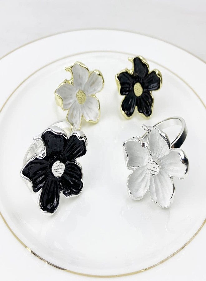 Fennco Styles Enameled Anemone Metal Napkin Rings, Set of 4 - Silver & White Flower Napkin Holders for Home, Dining Table, Christmas Décor, Holiday, Family Gathering and Special Occasion - Image 4