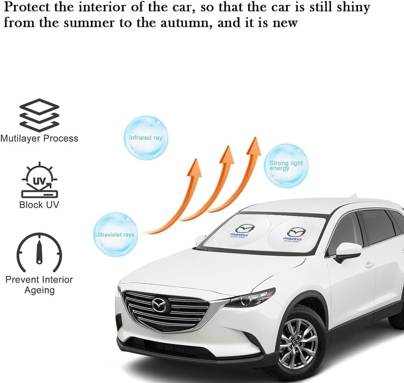 mazda Foldable Car Windshield Sunshade for Front Glass – 150 × 75 cm Reflective UV Protection Sun Shade, Heat Reduction Interior Protector with Easy Twist Fold Storage - Image 2