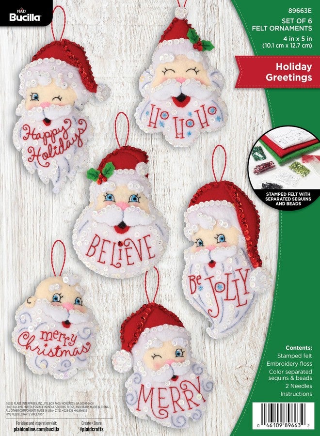 Bucilla, Holiday Greetings, Felt Applique 6 Piece Ornament Making Kit, Perfect for DIY Arts and Crafts Projects, 89663E - Image 1
