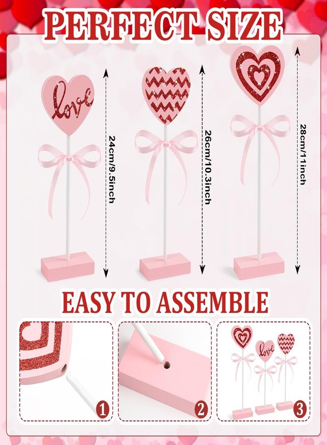 Hedeey 3 Pieces Valentines Day Tiered Tray Decor Set, Wooden Heart Valentines Day Table Decor, Pink Valentines Day Decorations for Home Tables (Pink) - Image 2