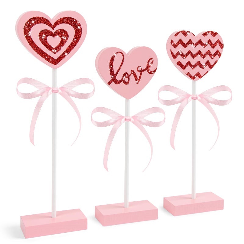Hedeey 3 Pieces Valentines Day Tiered Tray Decor Set, Wooden Heart Valentines Day Table Decor, Pink Valentines Day Decorations for Home Tables (Pink) - Image 1