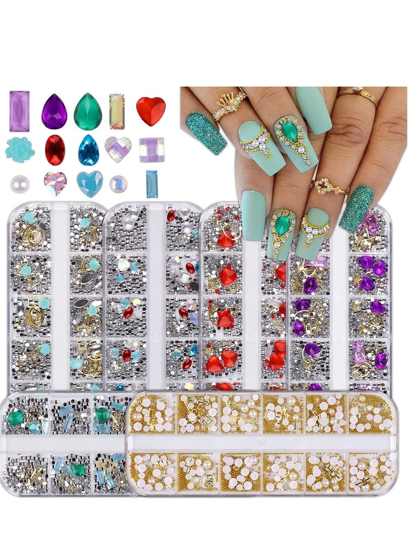 Nail Art Diamonds Rhinestones 3D Mix-shape pearl Crystals Beads Big Gem Jewels Studs Metal Rivets for DIY Design Decorations 6 Boxes - Image 1