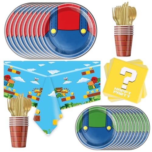 Ou Rui 81Pcs Super Brother Party Tableware Set, Super Brother Party Decoration, Super Brother Birthday Party Supplies - Image 1