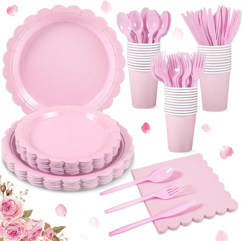 KASTWAVE 175 Pcs Pink Paper Plates and Napkins, Light Pink Party Supplies Include Scalloped Plate, Napkins, Cups, Plastic Spoons, Forks, Knives, for Baby Shower, Wedding, Birthday - Image 1