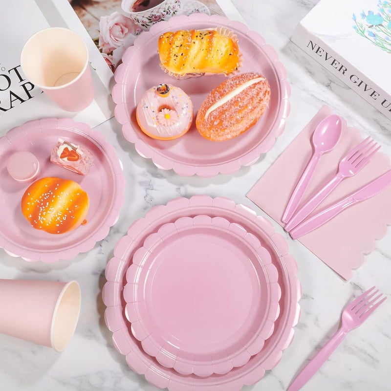 KASTWAVE 175 Pcs Pink Paper Plates and Napkins, Light Pink Party Supplies Include Scalloped Plate, Napkins, Cups, Plastic Spoons, Forks, Knives, for Baby Shower, Wedding, Birthday - Image 4