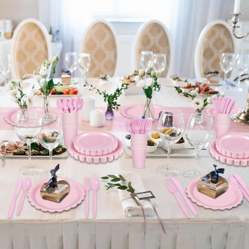 KASTWAVE 175 Pcs Pink Paper Plates and Napkins, Light Pink Party Supplies Include Scalloped Plate, Napkins, Cups, Plastic Spoons, Forks, Knives, for Baby Shower, Wedding, Birthday - Image 5