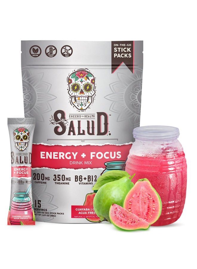 Salud 2-in-1 Energy Drink Powder + Focus, Guava, Organic Caffeine, B6 + B12, Theanine, Clean Energy Drink Packets, Guayaba Agua Fresca Mix, Non-GMO, Gluten Free, Vegan, 1g of Sugar, (15 Servings) - Image 1