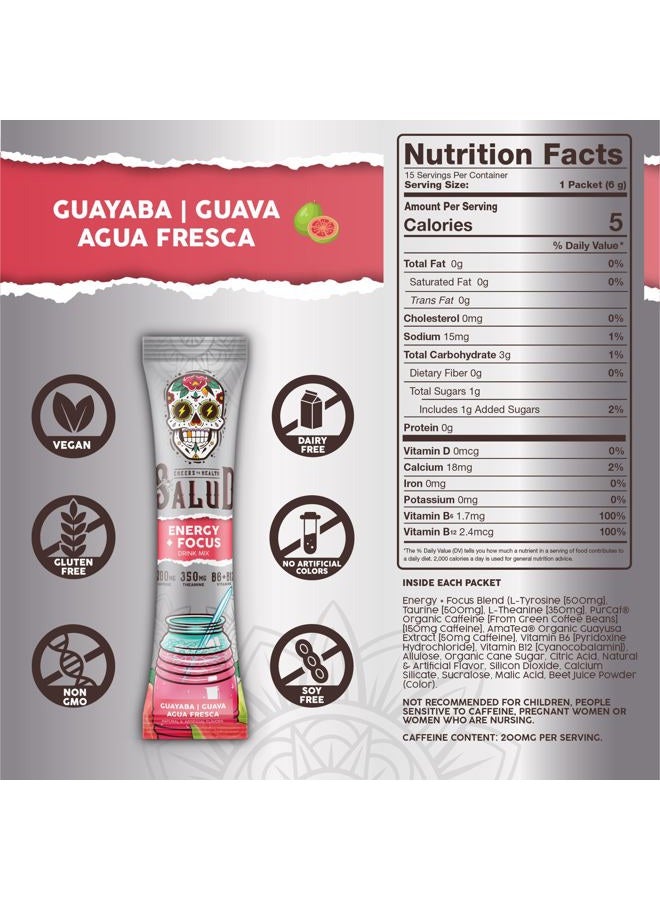 Salud 2-in-1 Energy Drink Powder + Focus, Guava, Organic Caffeine, B6 + B12, Theanine, Clean Energy Drink Packets, Guayaba Agua Fresca Mix, Non-GMO, Gluten Free, Vegan, 1g of Sugar, (15 Servings) - Image 3