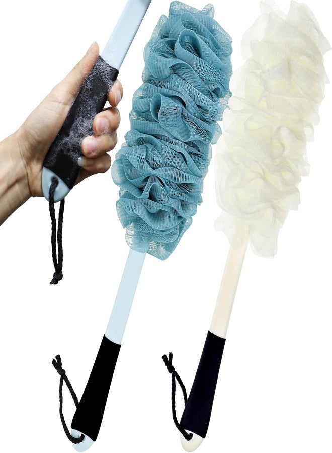 Jxicleang 2Pack Back Scrubber for Shower, Loofah with Handle, Back Loofah Non-Slip Handle, Bath Body Brush, Scrub Cleaning Brush for Shower, Soft Mesh Sponge On a Stick for Men Women Elderly (Blue and White) - Image 1