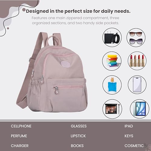 TS WITH TECHSUN Stylish Women Mini Backpack | Lightweight Travel Small Nylon Bag with Multiple Pockets | Anti-Theft Zipper Pocket | Casual, Work, Office, Picnic Backpack for Girls & Ladies (Purple) - Image 5