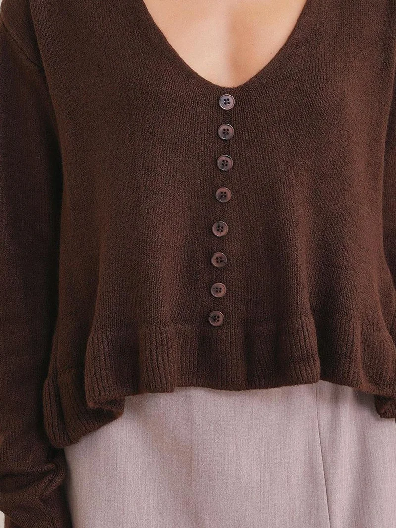 Mixray Coffee Brown Mixray Lightweight V-Neck Knit Top with Button Detail for Women | Best Price UAE