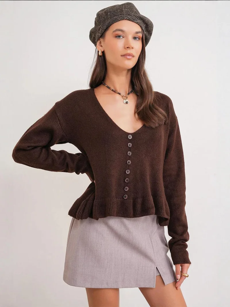 Mixray Coffee Brown Mixray Lightweight V-Neck Knit Top with Button Detail for Women | Best Price UAE