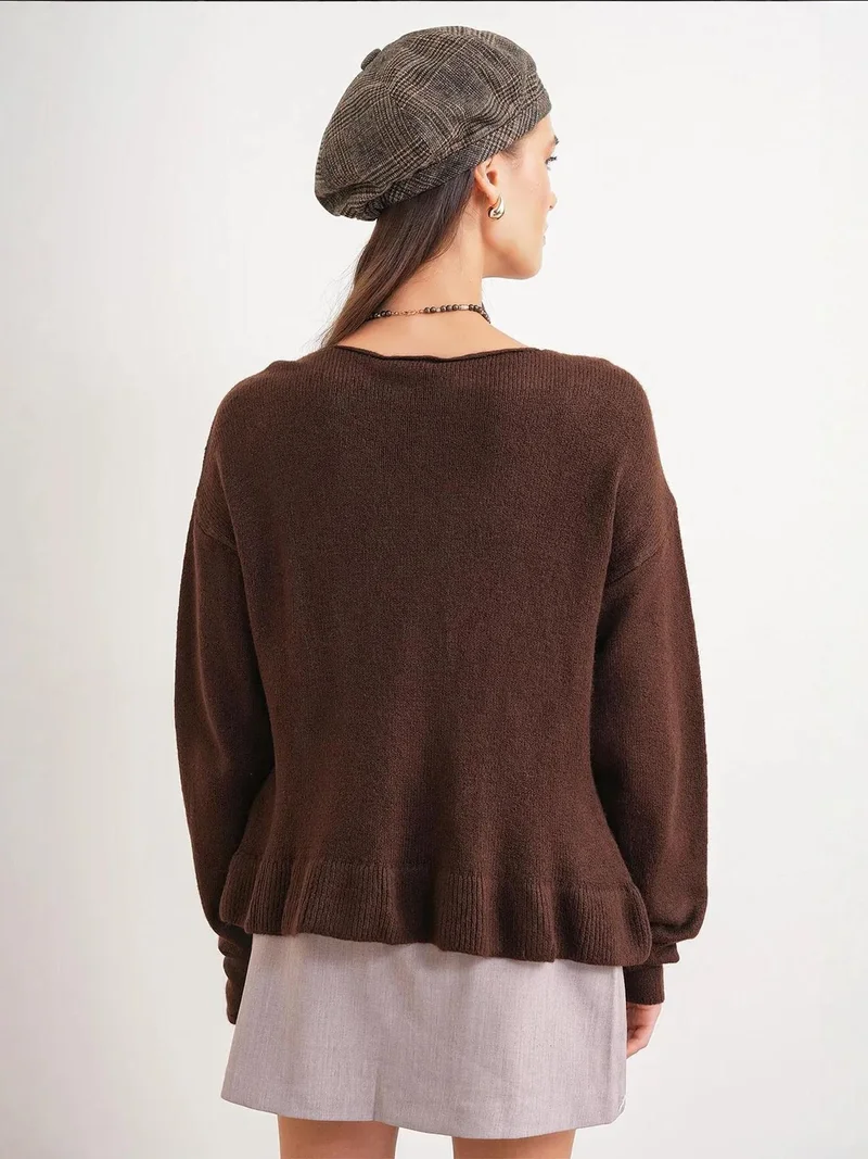 Mixray Coffee Brown Mixray Lightweight V-Neck Knit Top with Button Detail for Women | Best Price UAE